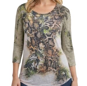 Daytrip Burnout Top Size L | Snakeskin Floral Print Long Sleeve Buckle